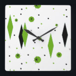 Retro Green Diamonds & Starbursts Wall Clock<br><div class="desc">This customisable Retro Green Diamonds and Starbursts Square Wall Clock is a new take on a vintage style. It features kitschy, black starbursts on green polka dots, surrounding geometric, green and black diamond shapes. Customise the background colour on this mid century modern product if you're feeling daring, or leave it...</div>