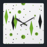 Retro Green Diamonds & Starbursts Wall Clock<br><div class="desc">This customisable Retro Green Diamonds and Starbursts Square Wall Clock is a new take on a vintage style. It features kitschy, black starbursts on green polka dots, surrounding geometric, green and black diamond shapes. Customise the background colour on this mid century modern product if you're feeling daring, or leave it...</div>