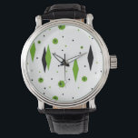 Retro Green Diamonds & Starbursts Watch<br><div class="desc">This Retro Green Diamonds and Starbursts Leather Watch is a new take on a vintage style. It features kitschy, black starbursts on green polka dots, surrounding geometric, green and black diamond shapes. Customise the background colour on this mid century modern product if you're feeling daring, or leave it white if...</div>