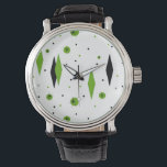 Retro Green Diamonds & Starbursts Watch<br><div class="desc">This Retro Green Diamonds and Starbursts Leather Watch is a new take on a vintage style. It features kitschy, black starbursts on green polka dots, surrounding geometric, green and black diamond shapes. Customise the background colour on this mid century modern product if you're feeling daring, or leave it white if...</div>
