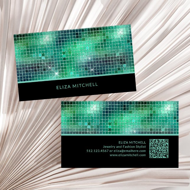 Retro Green Disco Ball Mirror | QR Code Business Card (A glam, disco inspired green and black business card, with scannable QR code)