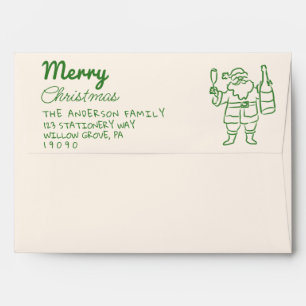 Retro Green Drawn Santa Claus Champagne Christmas Envelope
