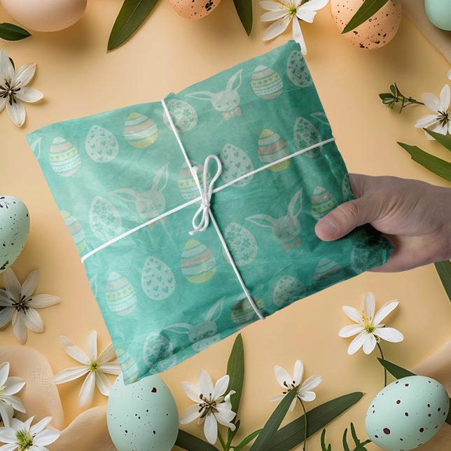 Retro Green Easter Egg & Bunny Tissue Paper (Vintage green retro Easter eggs Tissue Paper)