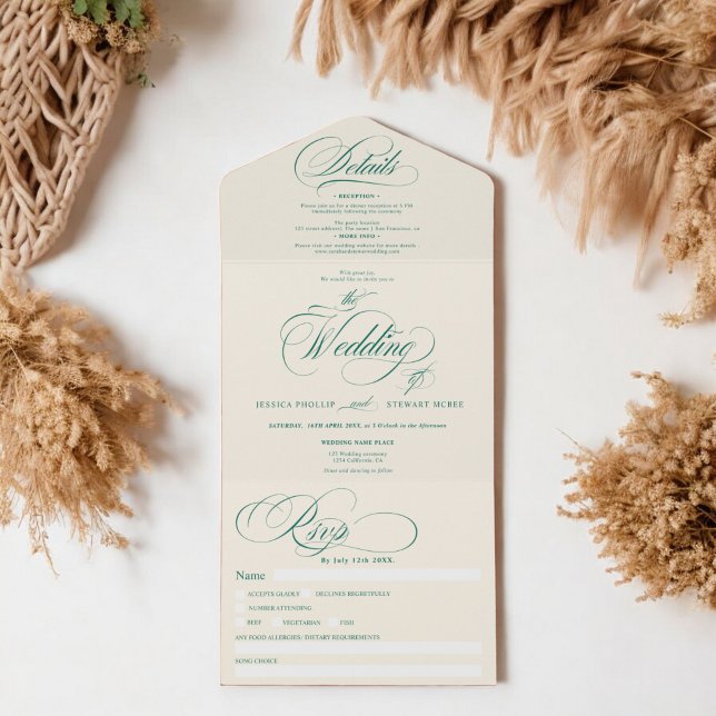 Retro green elegant script calligraphy wedding all in one invitation (Retro green elegant script calligraphy wedding all in one invitation)