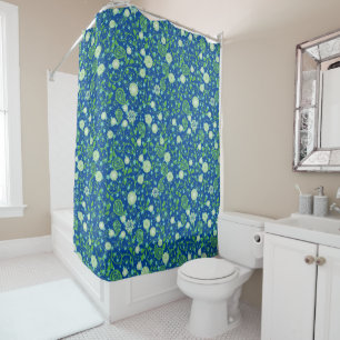 Retro green flowering plants pattern.b Blue BG Shower Curtain