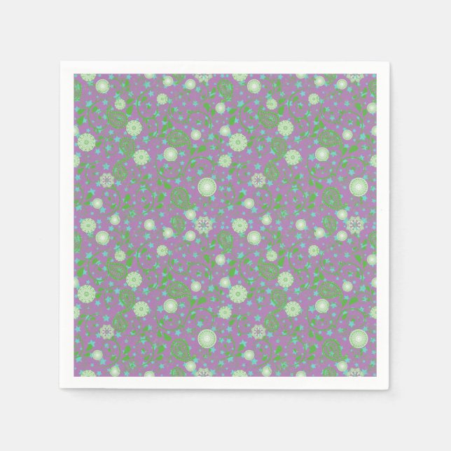 Retro green flowering plants pattern.b L Purple BG Napkin (Front)