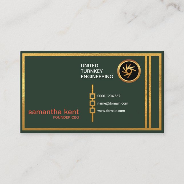 Retro Green Gold Columns Chain Link Founder CEO Business Card (Front)