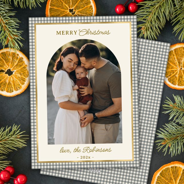 Retro Green Gold Plaid Arch Photo Merry Christmas  Holiday Card (Creator Uploaded)