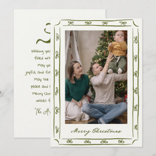 Retro Green Hand Drawn Bow Frame Photo Christmas Holiday Card