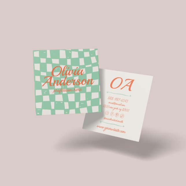 Retro Green Hand Drawn Chequered Groovy Bold Square Business Card (Creator Uploaded)