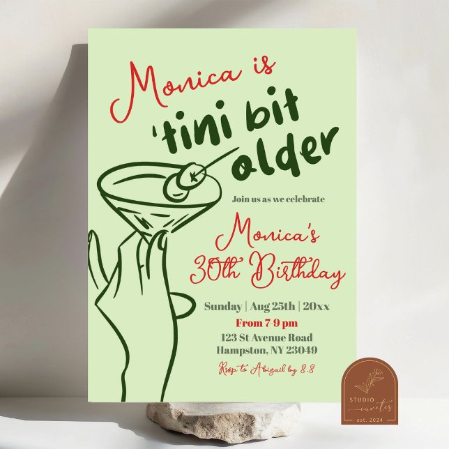 Retro Green Hand Drawn Martini 30th Birthday Invitation (Creator Uploaded)