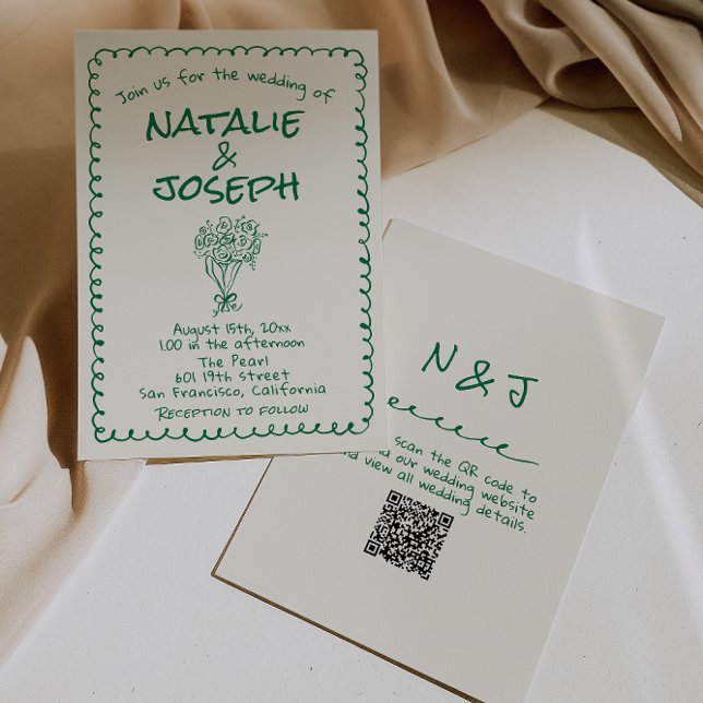 Retro Green Hand Drawn Quirky QR Code Wedding Invitation (Creator Uploaded)