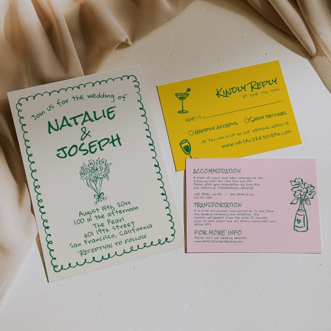 Retro Green Hand Drawn Written Quirky Fun Wedding Invitation (Creator Uploaded)