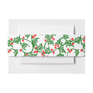 Retro green holly with red berries pattern invitation belly band