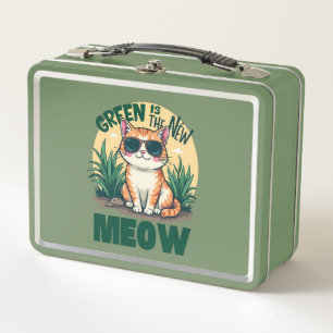Retro "Green Is The New Meow" Cool Cat Nature Art Metal Lunch Box