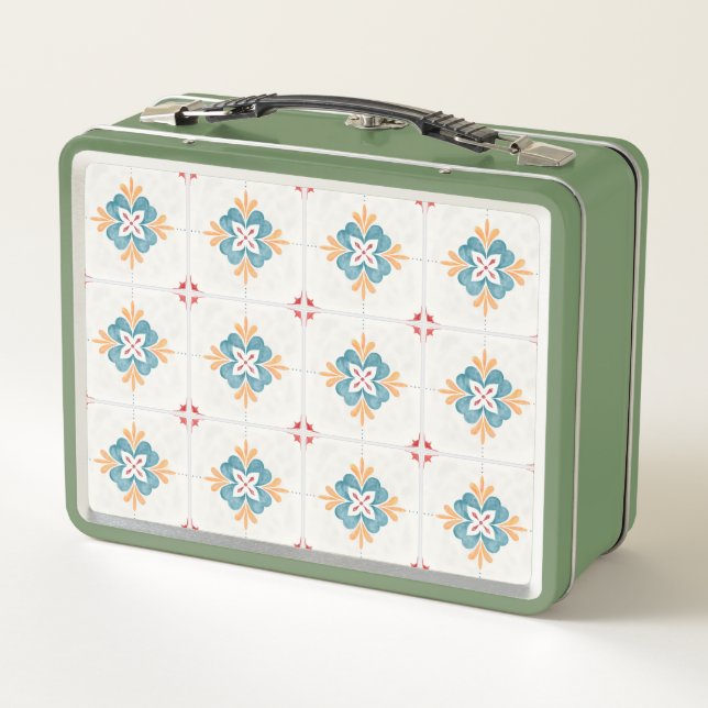 Retro green lunchbox with a floral tile pattern  (Back)