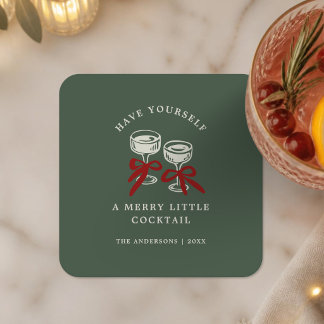 Retro Green Merry Little Cocktail Christmas Party Square Paper Coaster