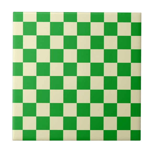Retro Green Off White Checks Chequerboard Pattern  Ceramic Tile (Front)