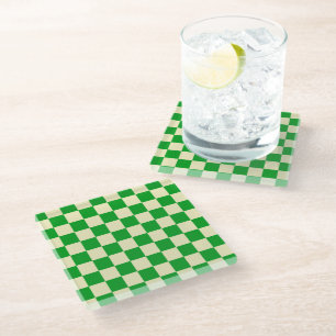 Retro Green Off White Checks Chequerboard Pattern Glass Coaster