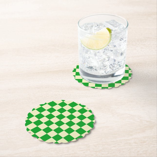 Retro Green Off White Checks Chequerboard Pattern Paper Coaster (Insitu)