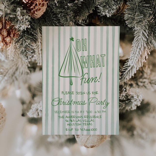 Retro Green Oh What Fun Christmas Drawn Tree Party Invitation (Creator Uploaded)