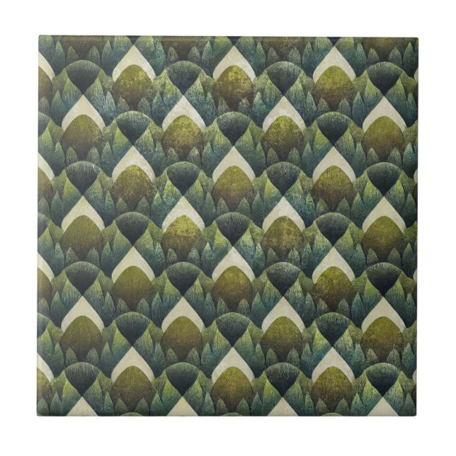 Retro Green Olive Geometric Art Pattern Ceramic Tile (Front)