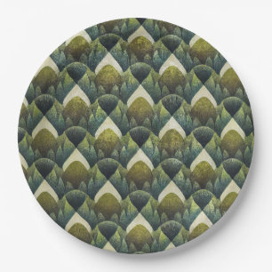 Retro Green Olive Geometric Art Pattern Paper Plate