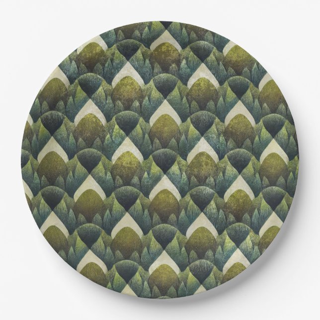 Retro Green Olive Geometric Art Pattern Paper Plate (Front)