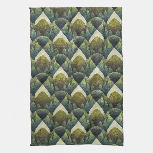 Retro Green Olive Geometric Art Pattern Tea Towel (Vertical)
