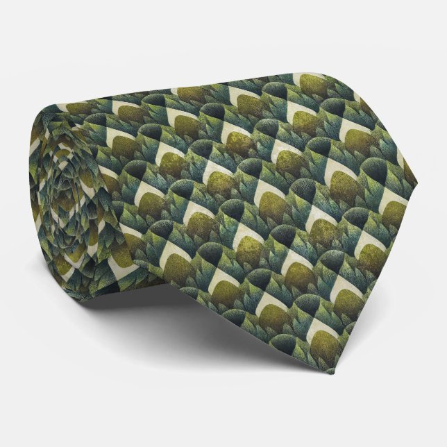 Retro Green Olive Geometric Art Pattern Tie (Rolled)