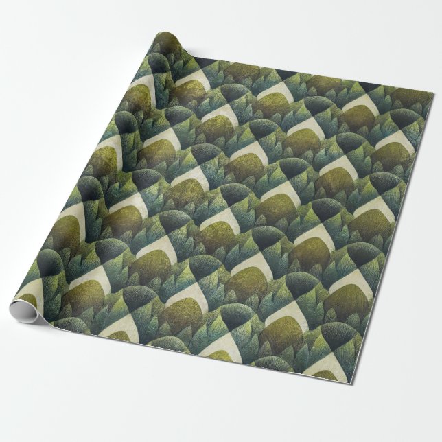 Retro Green Olive Geometric Art Pattern Wrapping Paper (Unrolled)
