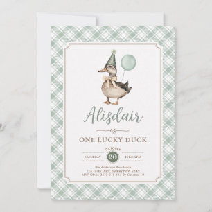 Retro Green One Lucky Duck Balloon 1st Birthday Invitation
