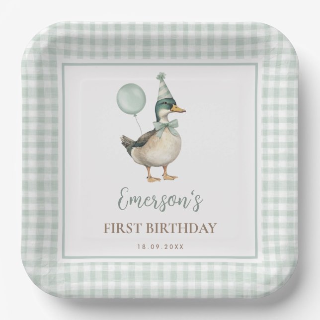 Retro Green One Lucky Duck Balloon 1st Birthday Paper Plate (Front)