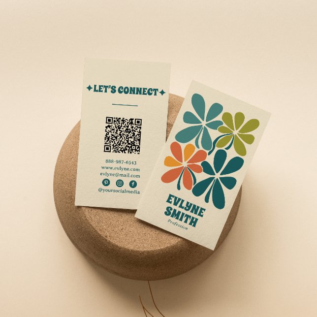  Retro Green Orange QR Code Boho Floral Unique Business Card (Creator Uploaded)
