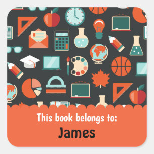 Retro Green Orange School Supplies Personalised Square Sticker