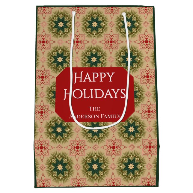 Retro Green Pine Star Red Lace Design Holiday Medium Gift Bag (Back)