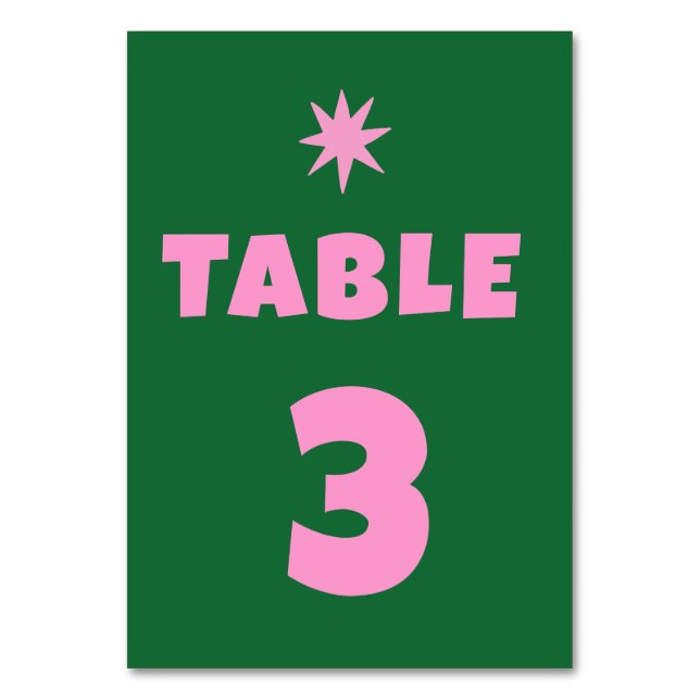 Retro green pink Bold Wedding Table Number (Front)