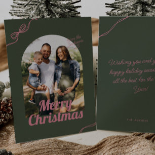 Retro Green & Pink Bow Arch Photo Christmas Holiday Card