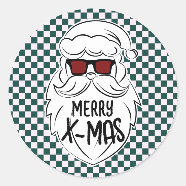 Retro Green Pink Checkered Santa Claus Christmas  Classic Round Sticker (Front)