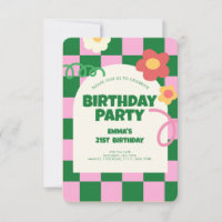 Retro Green Pink Chequered Pattern Birthday Party