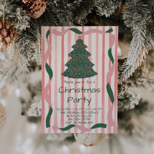 Retro Green Pink Hand Drawn Christmas Tree Party Invitation