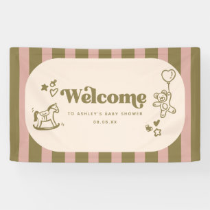 Retro Green Pink Striped Baby Shower Party Welcome Banner