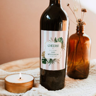 Retro green pink stripes tropical chic bridal wine label