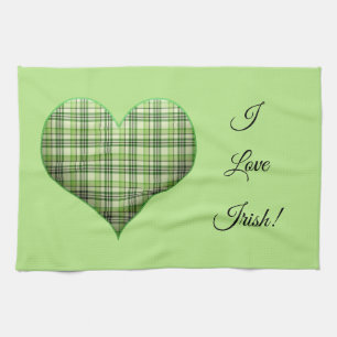 Retro green plaid heart St Patrick I love Irish Tea Towel