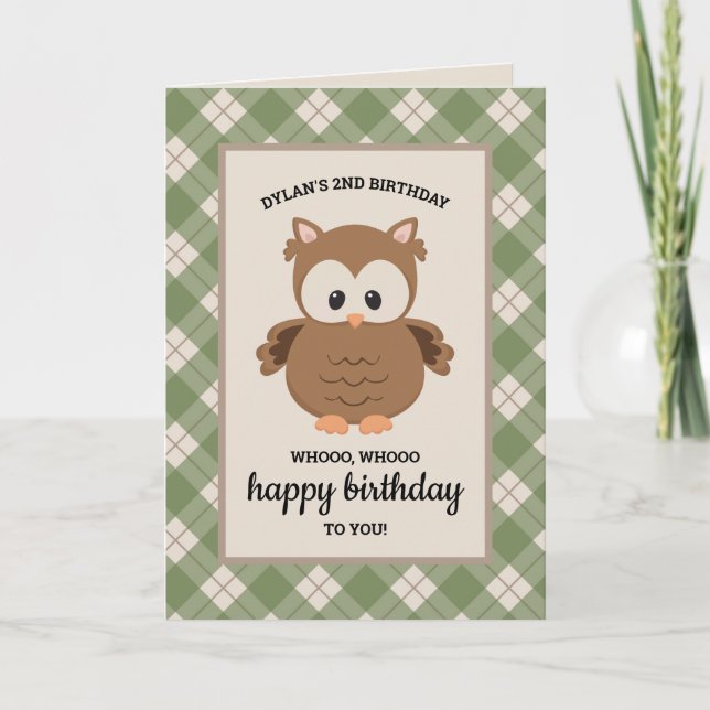 Retro Green Plaid Owl Birthday Card (Front)