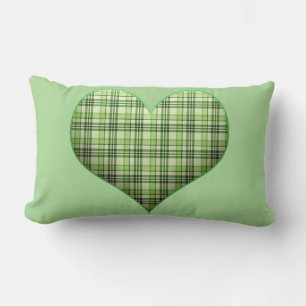 Retro green plaid puffy heart St Patrick Lumbar Cushion