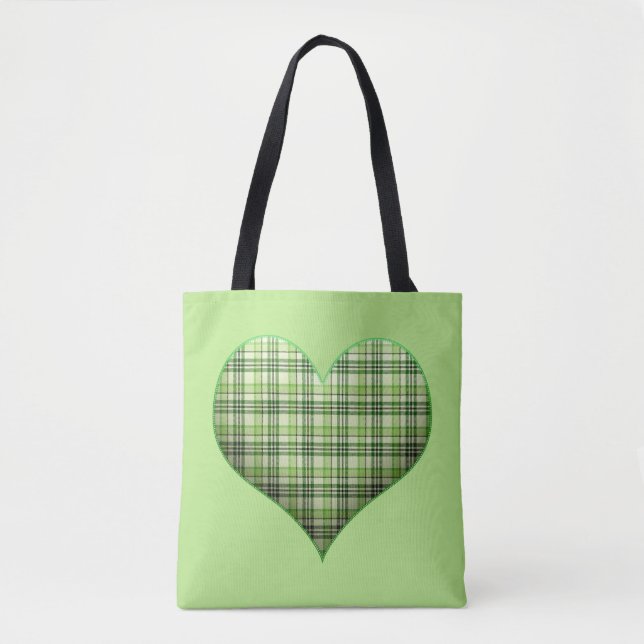 Retro green plaid puffy heart St Patrick retro Tote Bag (Front)