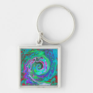 Retro Green, Red and Magenta Abstract Groovy Swirl Key Ring