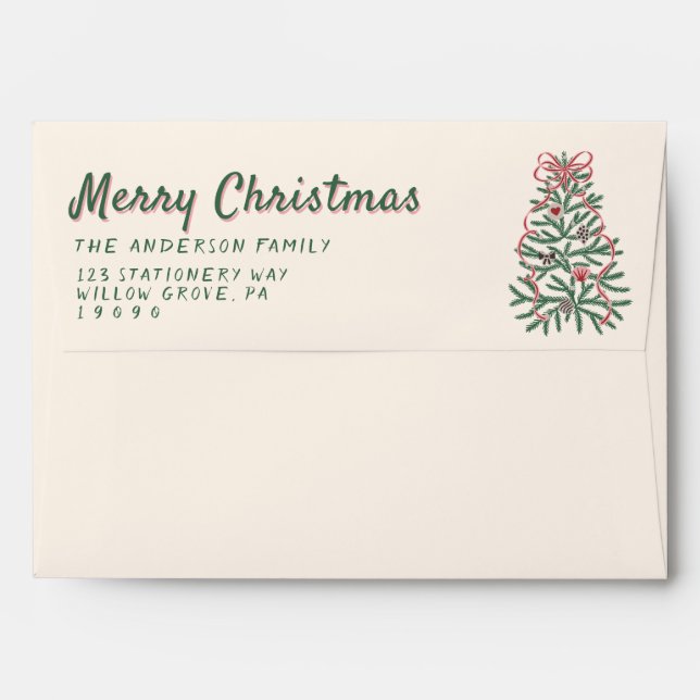 Retro Green Red Drawn Bow Tree Merry Christmas Envelope (Back (Top Flap))