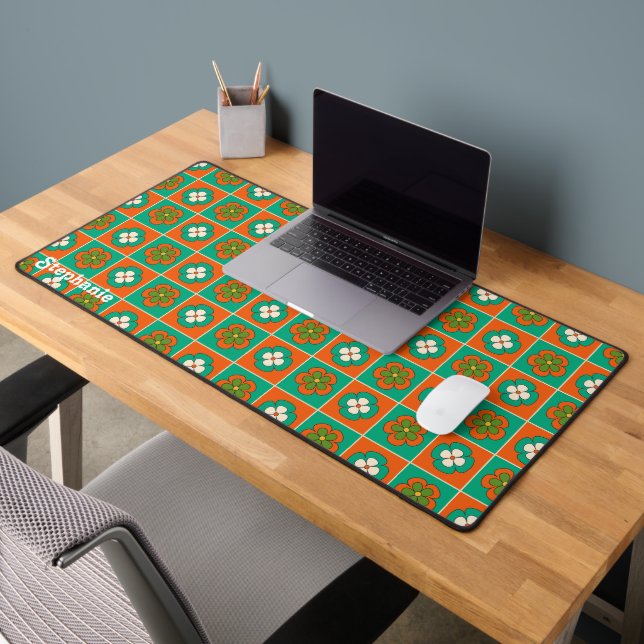 Retro Green Red Groovy Flower Script Name Desk Mat (Office 2)